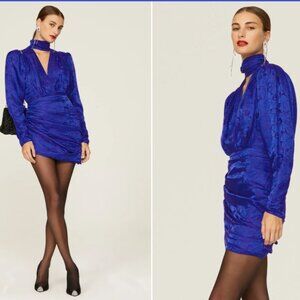 Ronny Kobo Virgo ruched floral satin sheath dress in blue silk blend, M